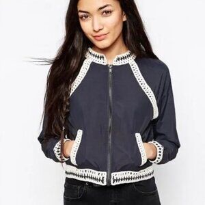 Free People Crochet Zip Front Bomber Jacket, Washed Black/Navy, size L